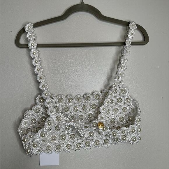 Alameda Turquesa Hana Pearl Embellished Crochet Crop Top White O/S NWT $432 - Picture 8 of 9